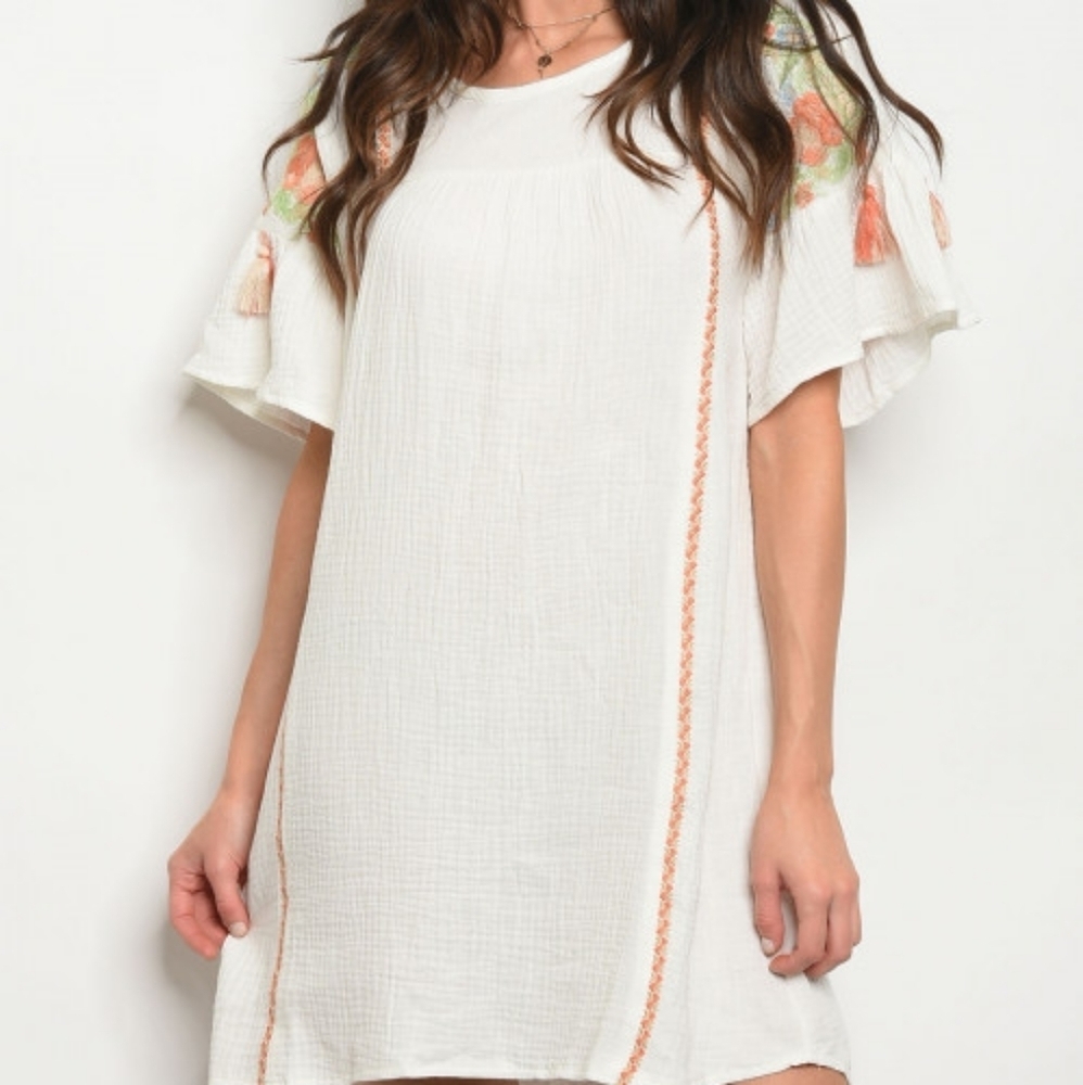 Boho Embroidered Shift Dress White Cotton Flowy Festival NWT - Picture 6 of 10